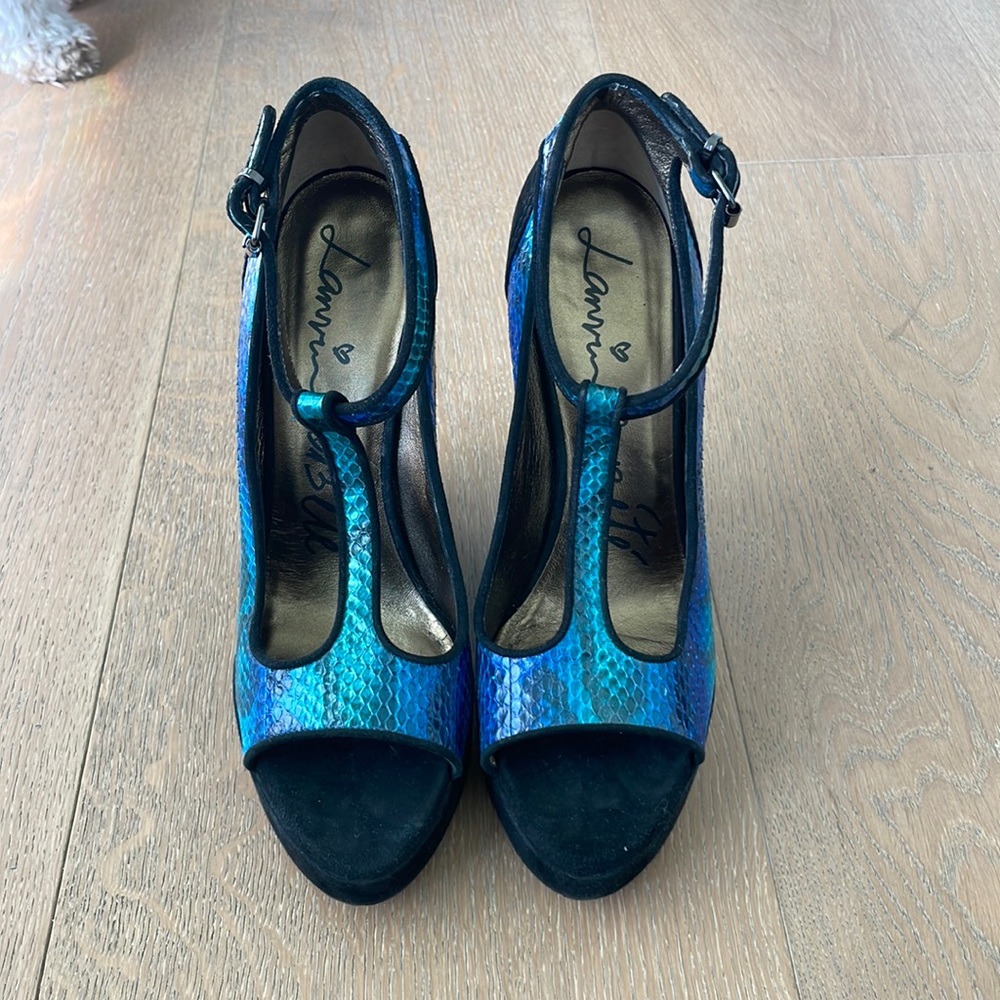 Blue and Teal Snakeskin Platform Wedges.